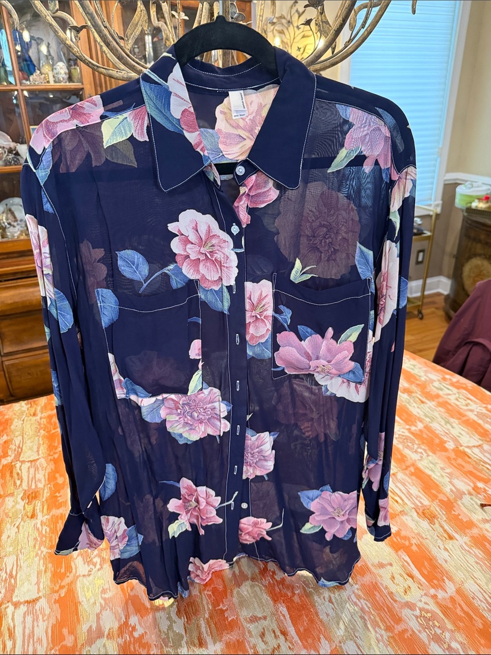 American apparel Sheer Navy Floral Button-Up Shirt - Pink Floral, one size .